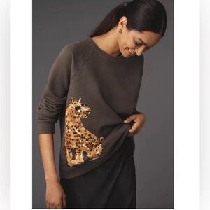 Anthropologie  LouLou Avenue Cheetah Graphic Sweatshirt Gray Olive SMALL Relaxed